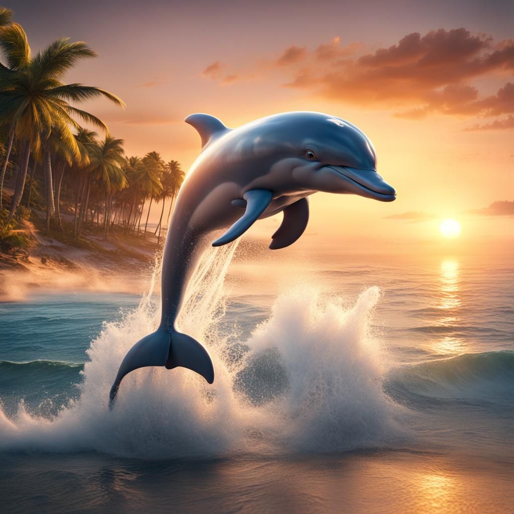 Dolphin Leaping at Sunset: Detailed Matte Painting