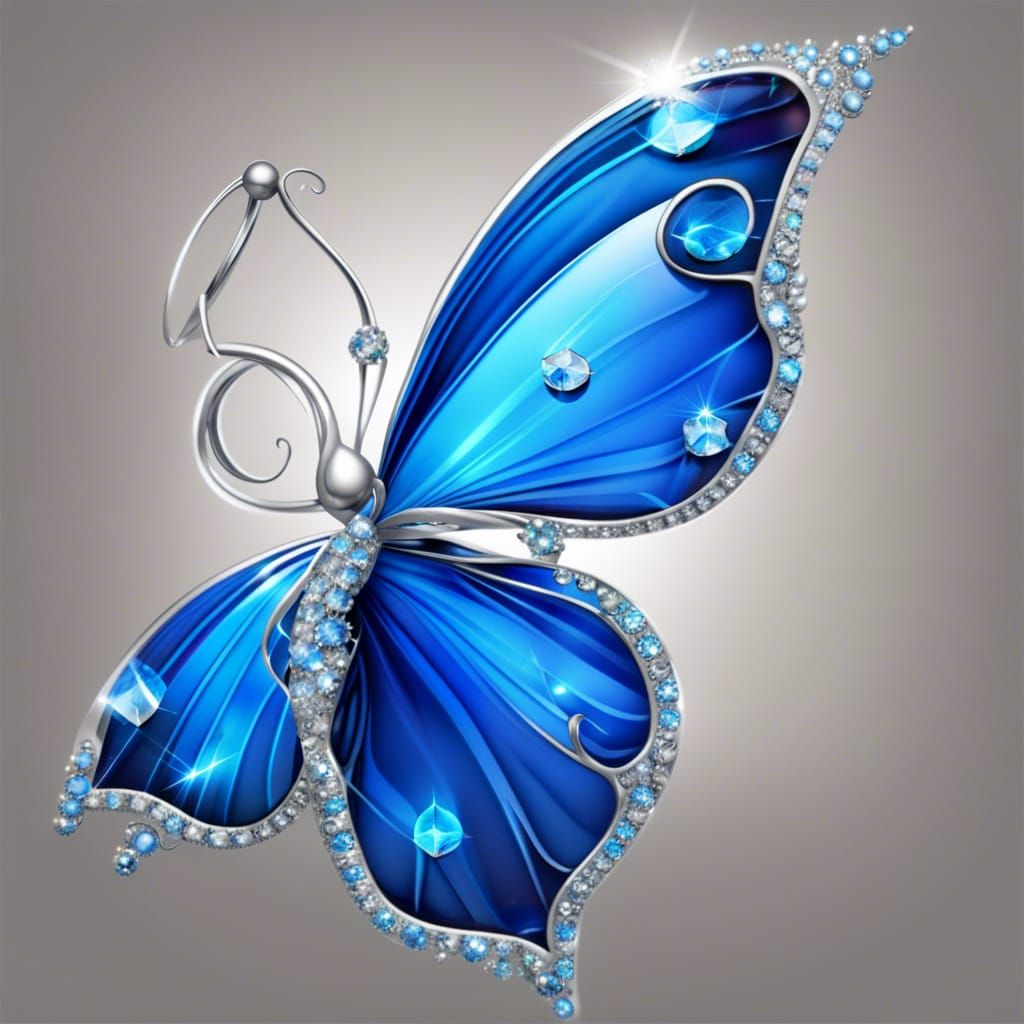Blue Butterfly With Crystals Sparkling through the Glass Intertwined with Shining Metal of Silver