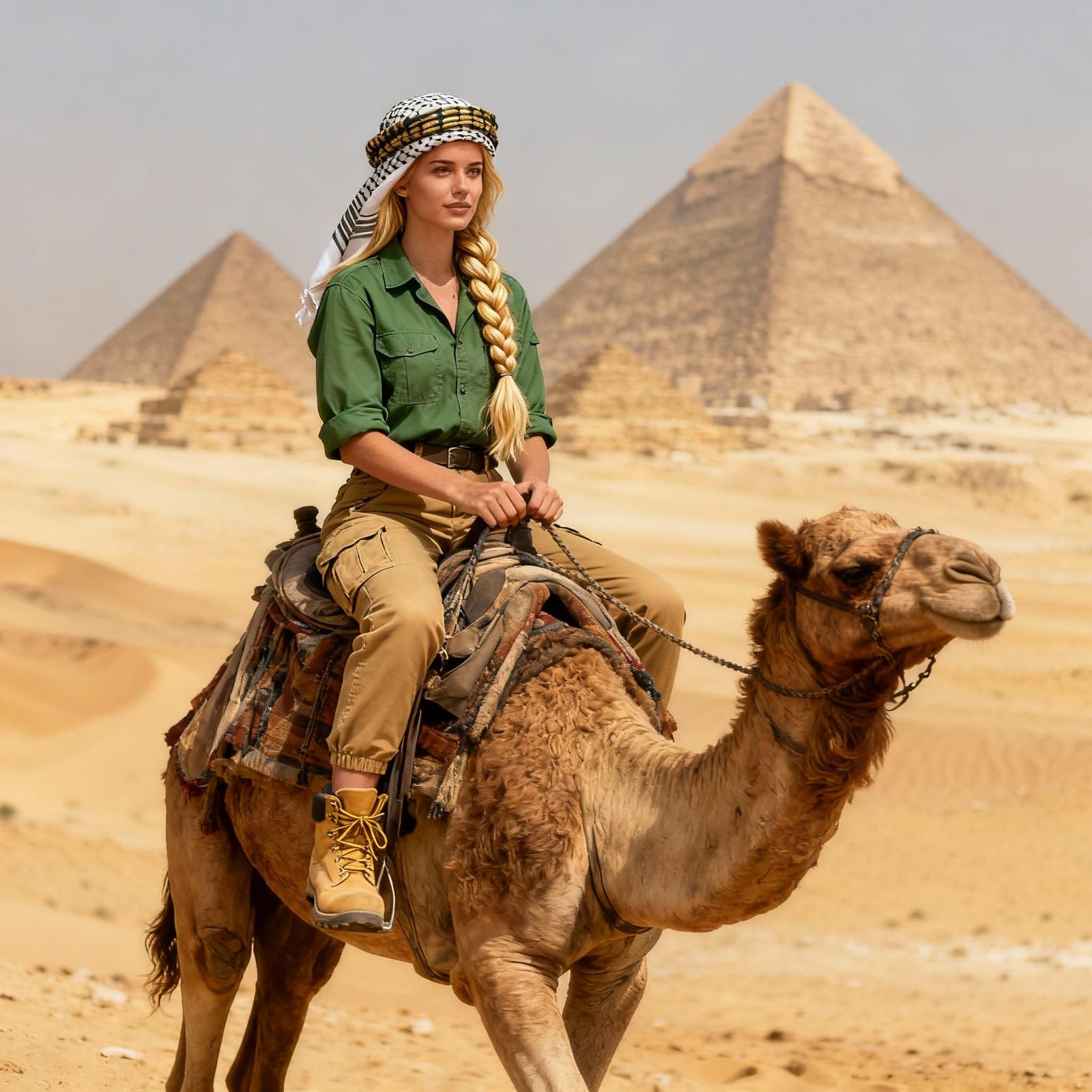 Hyperrealistic Woman Riding Camel at Pyramids