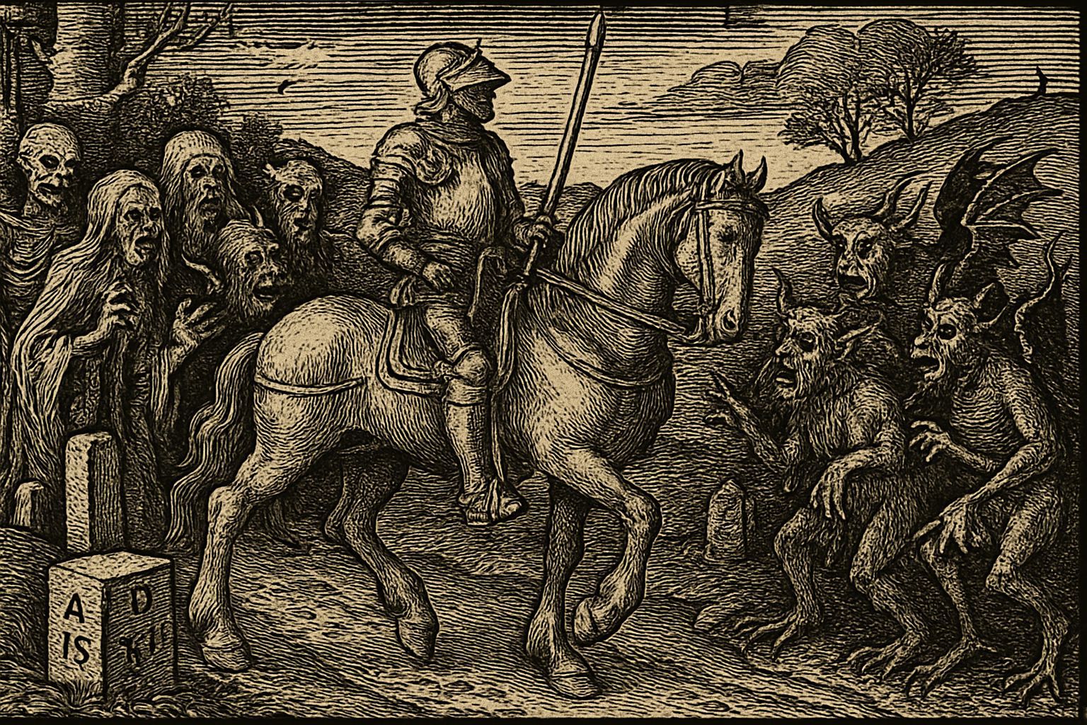 Knight on Horseback Amidst Ghosts, Woodcut Print