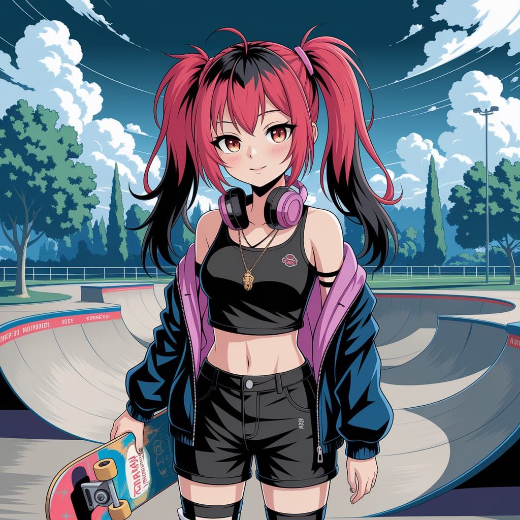 Anime Girl with Skateboard at Skatepark
