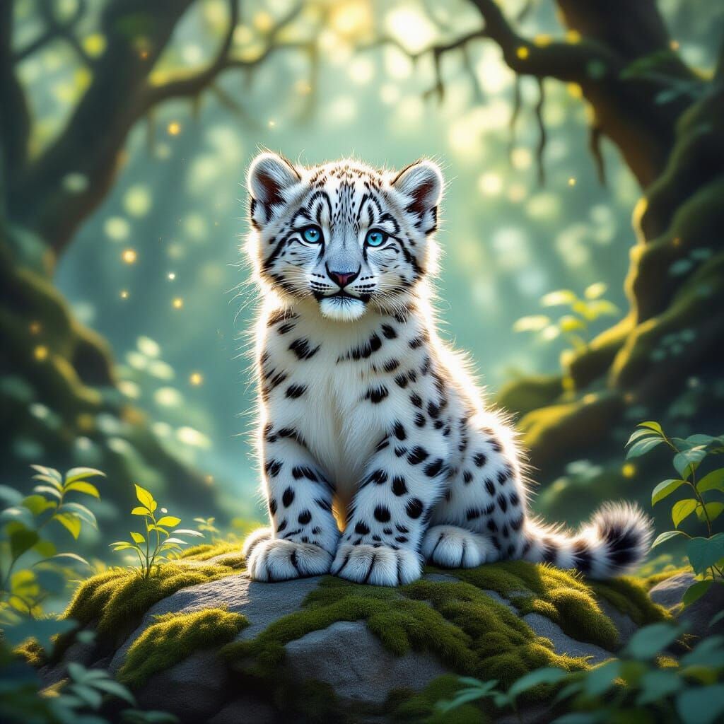 Majestic Snow Leopard Cub in Mystical Forest