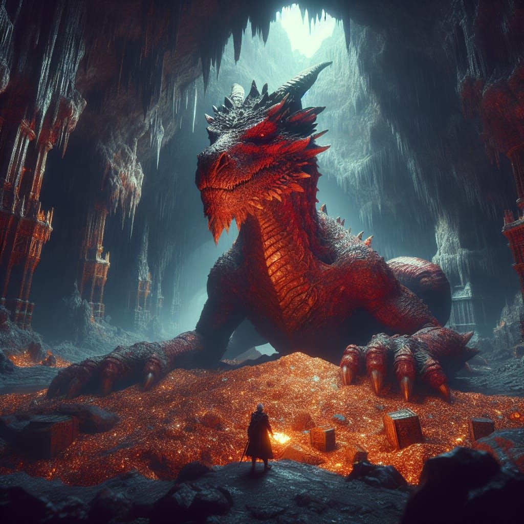 Red Dragon Guarding Treasure in Dark Cave