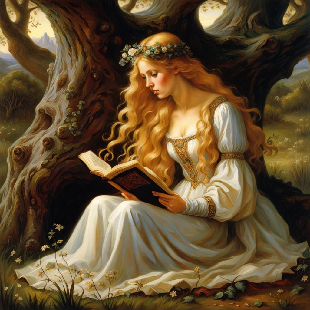 Ethereal Maiden Reading Under Oak in Pre-Raphaelite Style