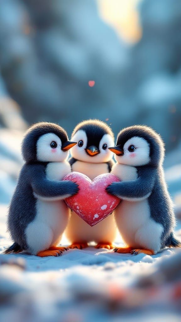 Three Adorable Baby Penguins Hold a Heart-Shaped Stone in a ...