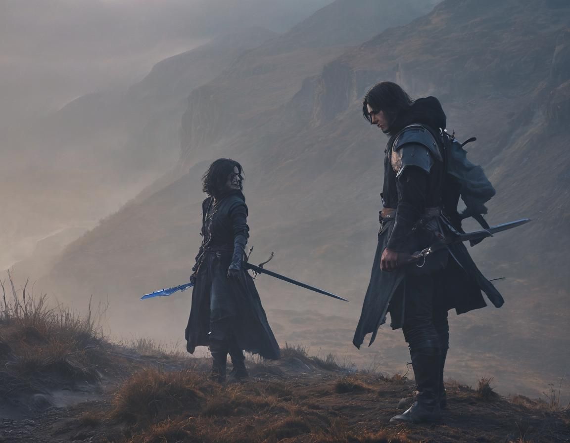 Handsome Hunter in Desolate Valley: Cinematic Film Still