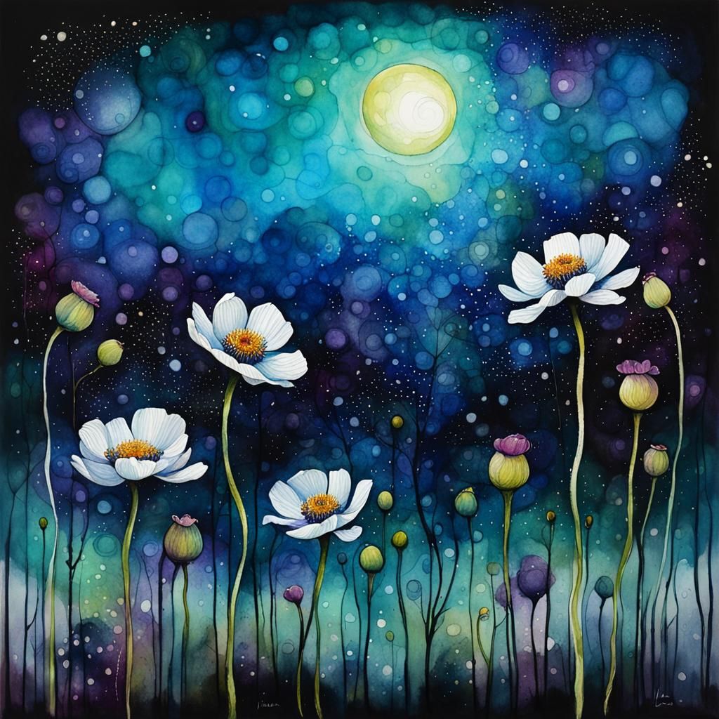 Anenome Flowers Illustration in Alcohol Ink Style