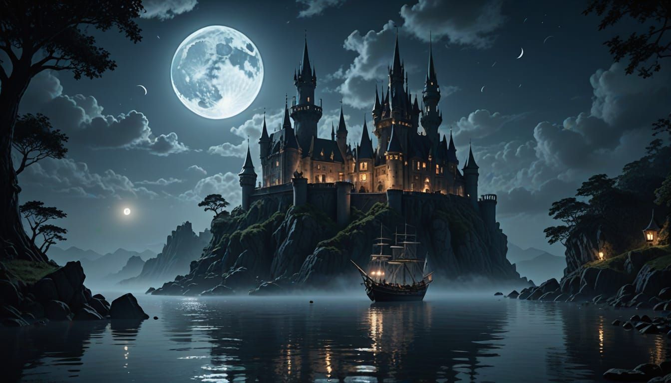 Gothic Castle Ship on Moonlit Seas