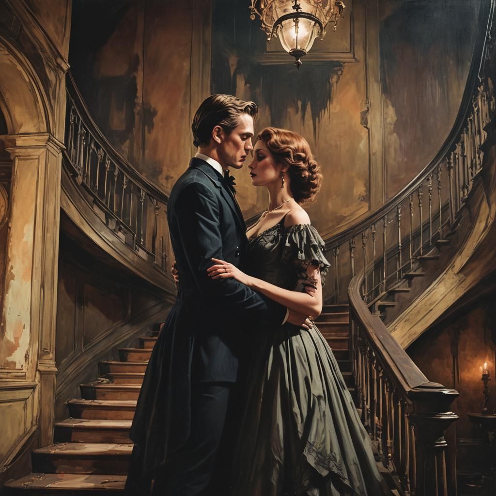 Passionate Embrace in Decaying Mansion: Film Noir Illustrati...