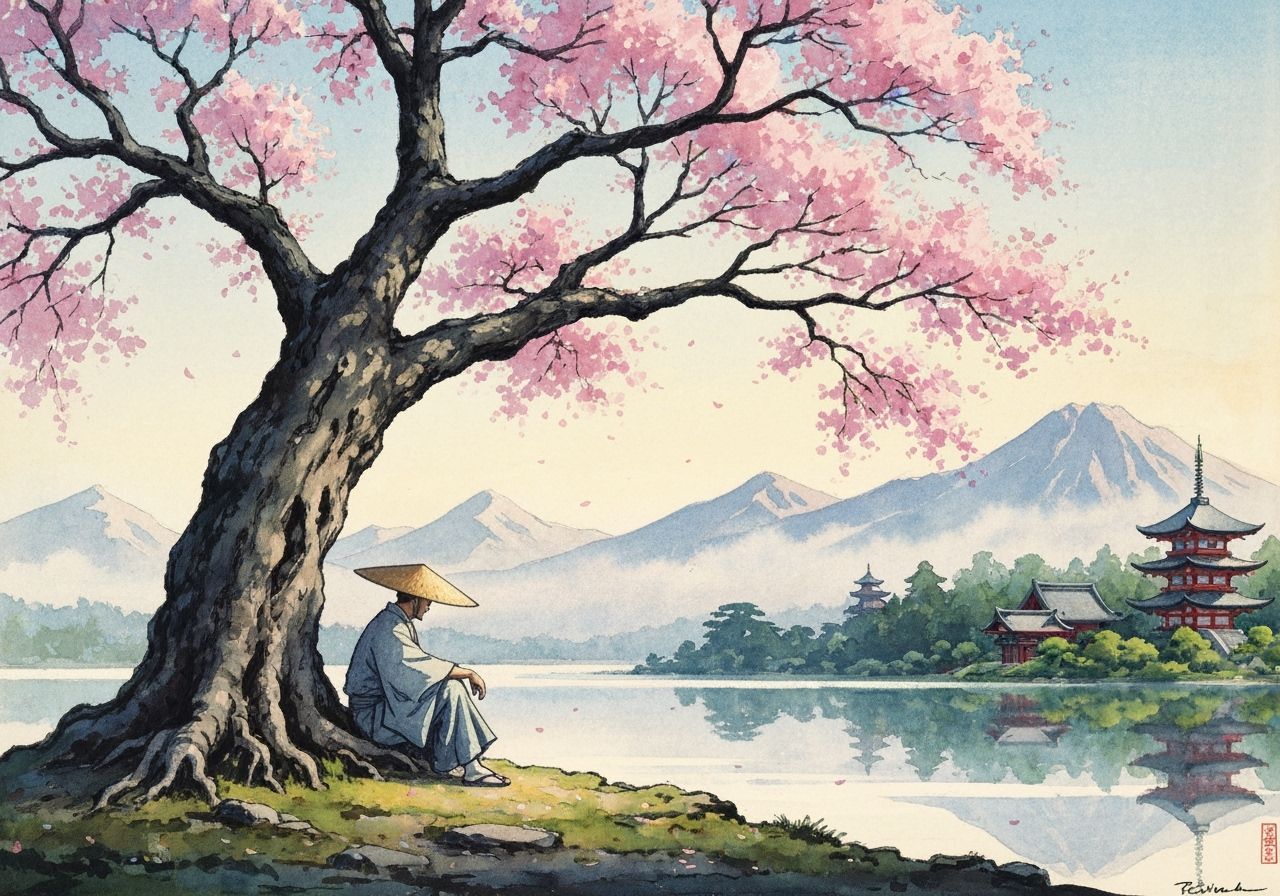 Sakura Tree by Lake, Watercolor Style