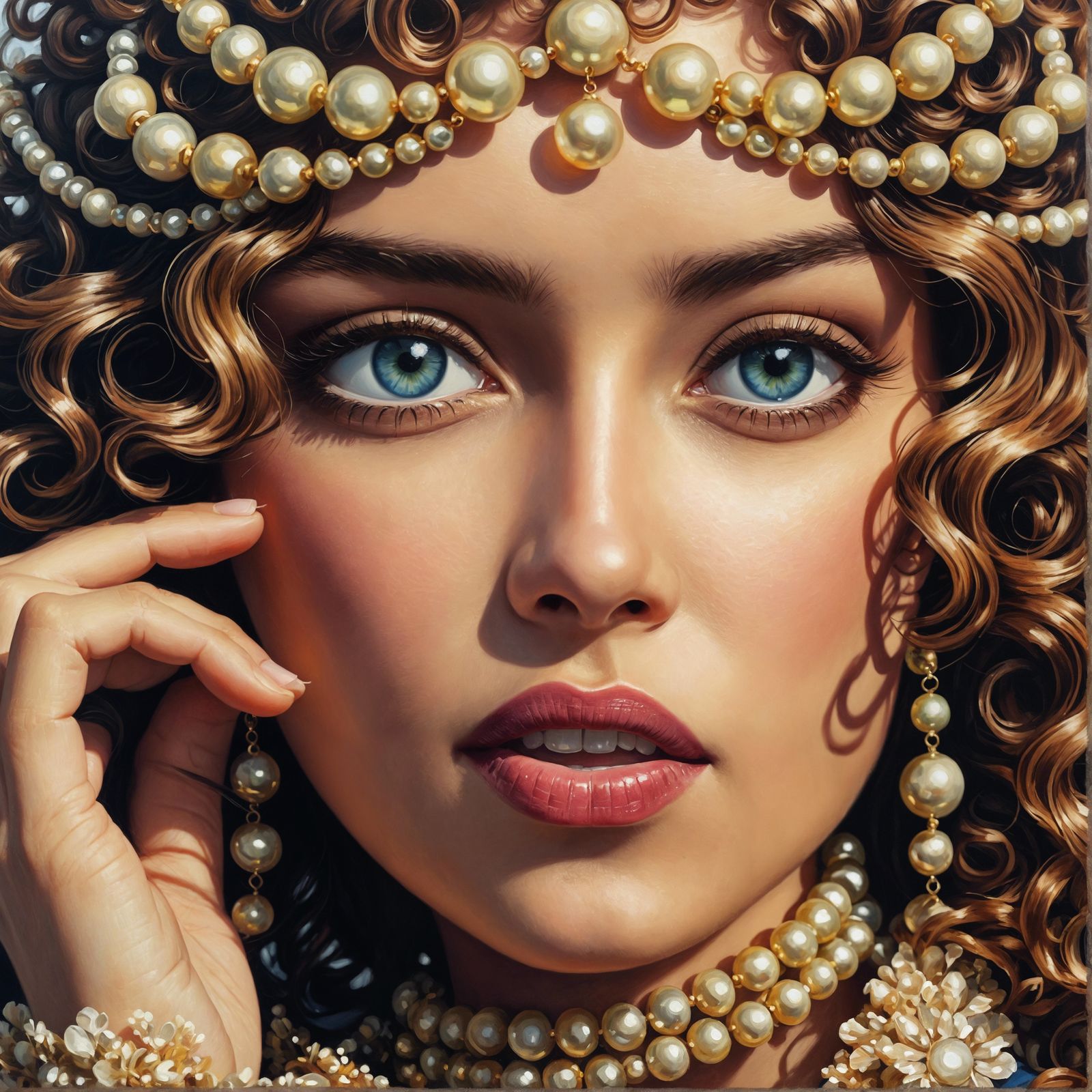 CGI Woman with Curly Hair and Pearls