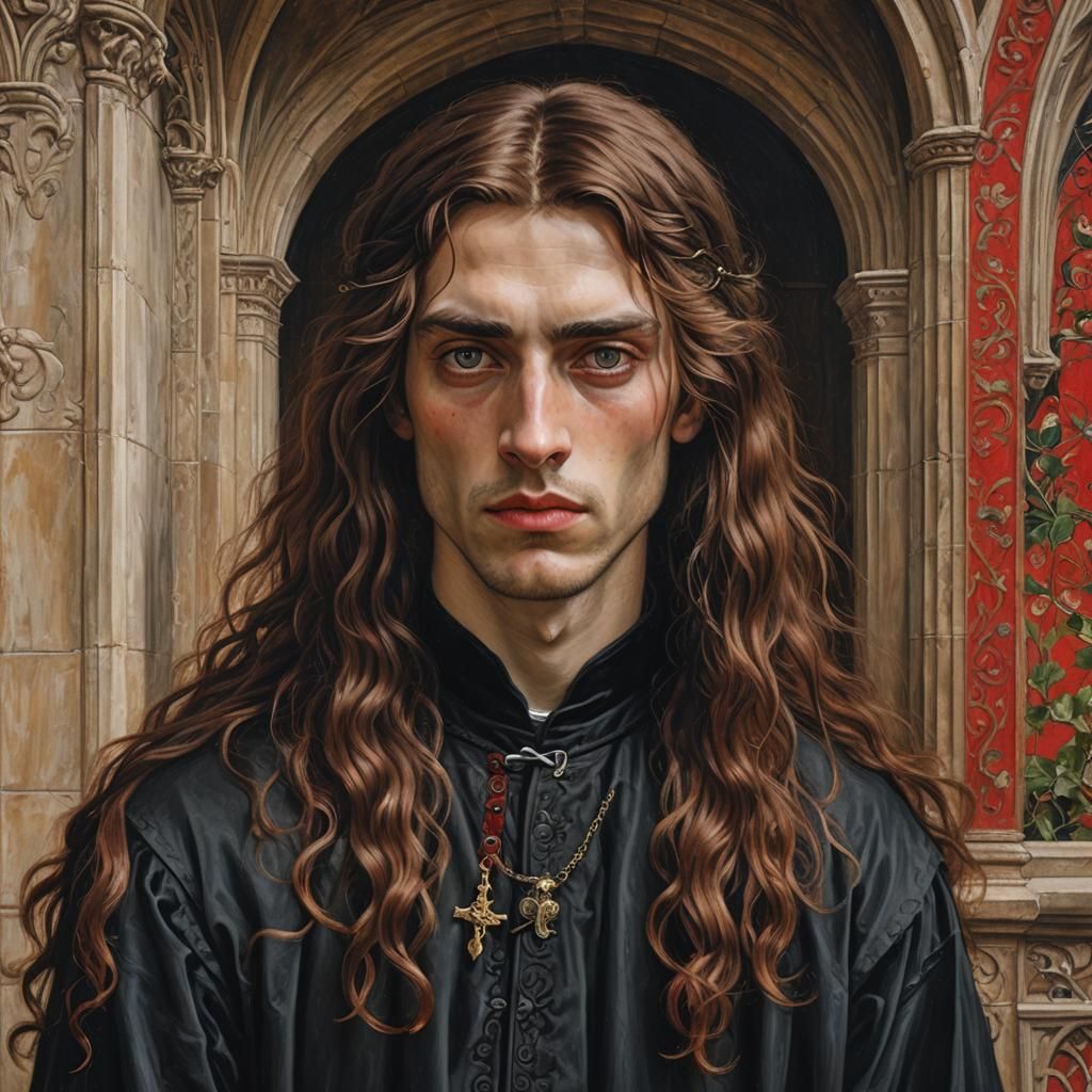 Melancholy Youth in Medieval Hall, Pre-Raphaelite Style