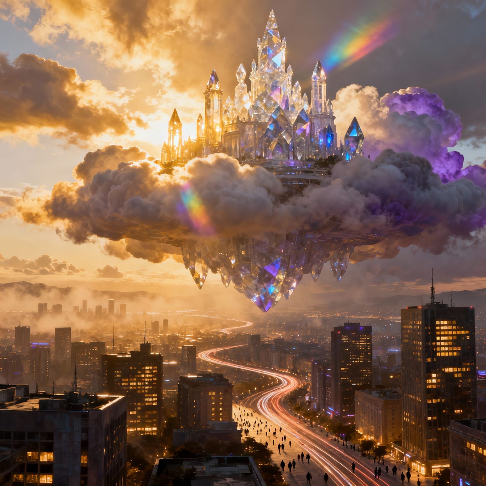 Crystal Sky Castle Above Golden Hour Town
