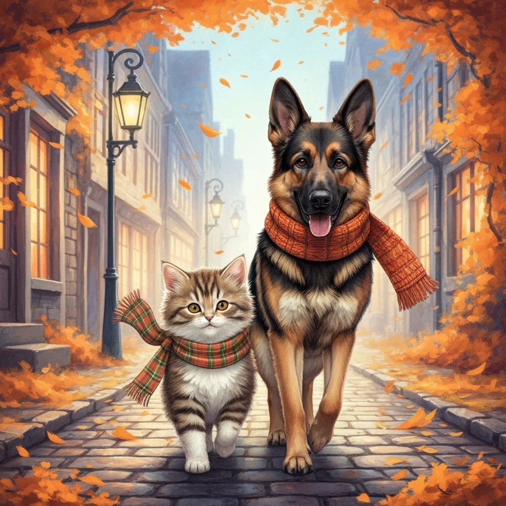 Kitten and Shepherd's Autumn Walk, Watercolor Style