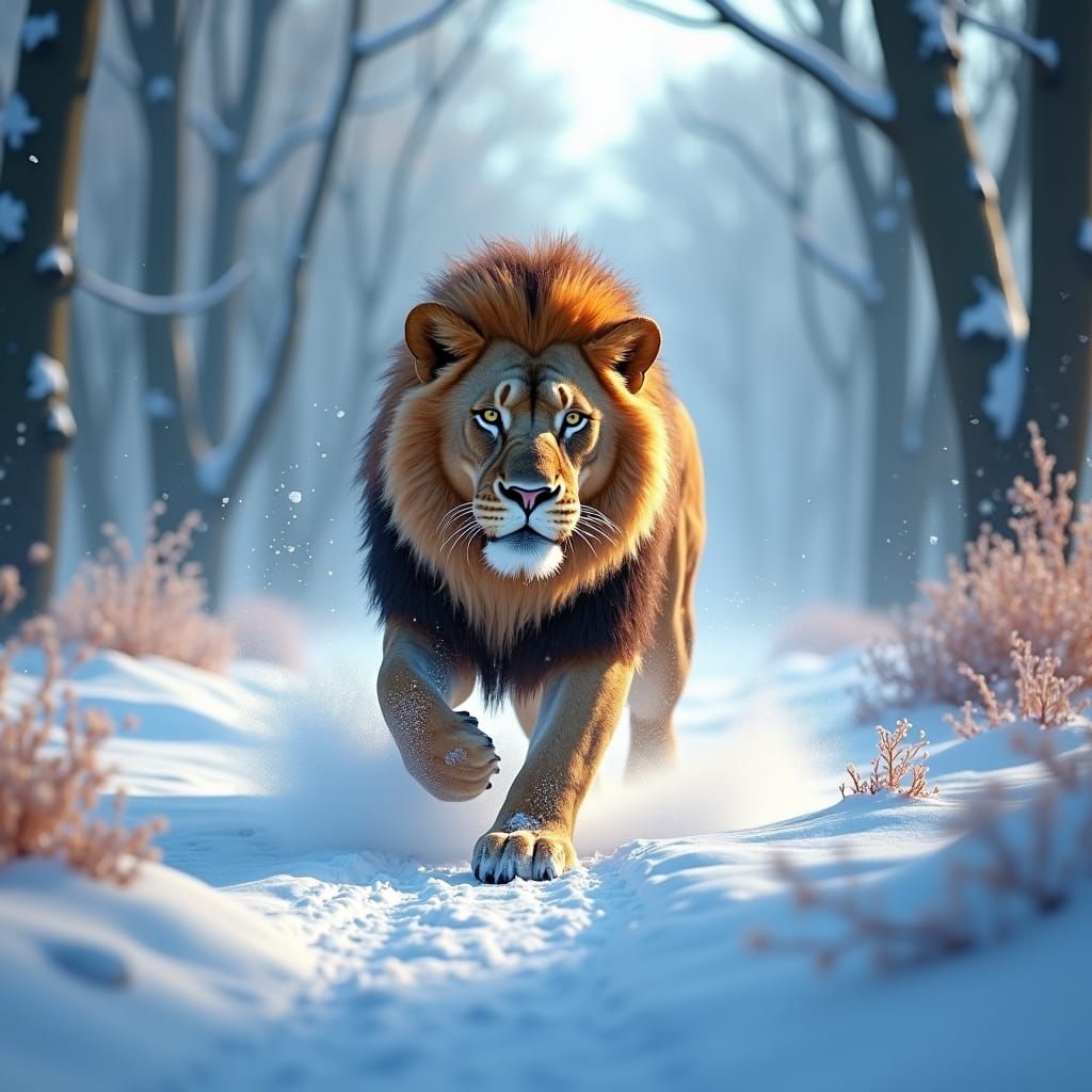 Lion Running in Snowy Fantasy Landscape, Matte Painting Styl...
