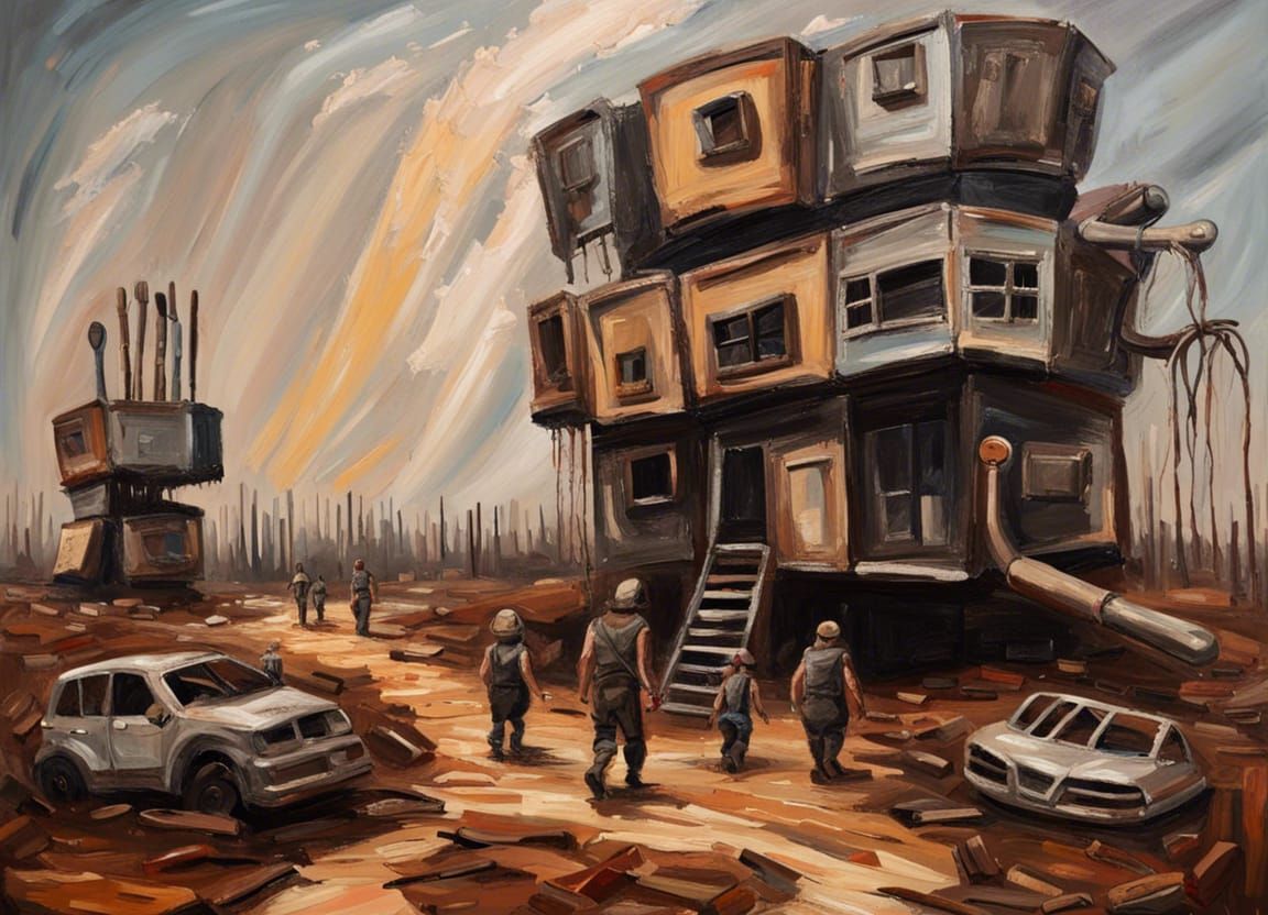 Post-Apocalyptic Kitchen Utensil Giants: An Impasto Painting