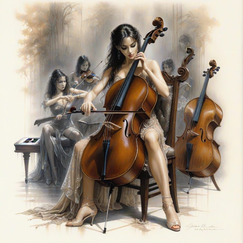Sensual Brunette Plays Cello in Dark Fantasy Style