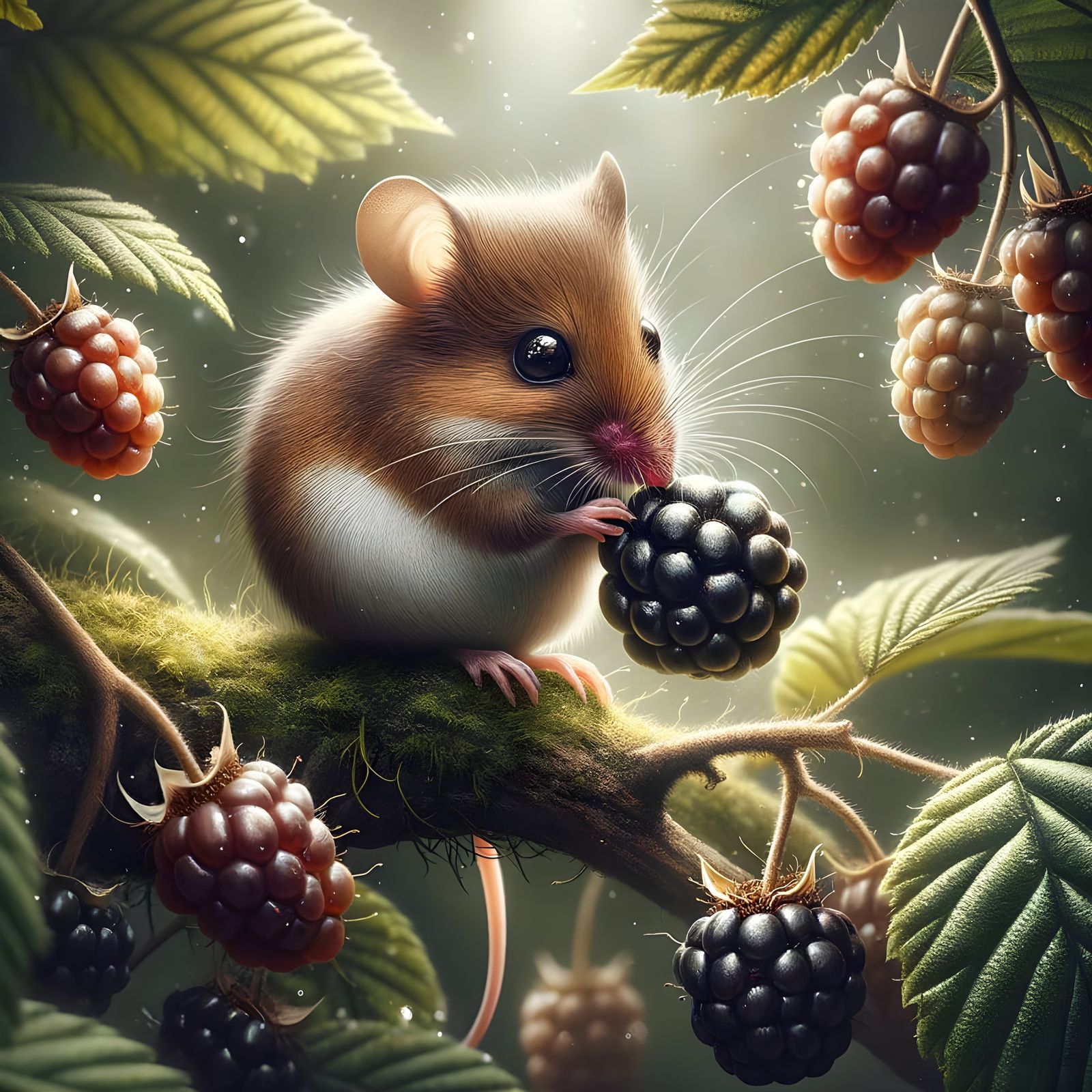 Mouse Feasting on Blackberries in Romanticism Style