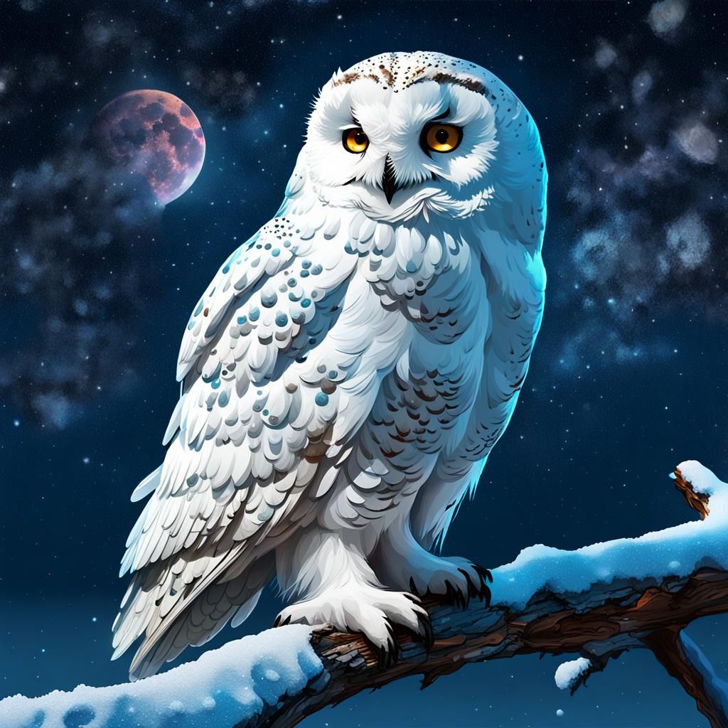 Snowy Owl on Starry Night, Digital Illustration
