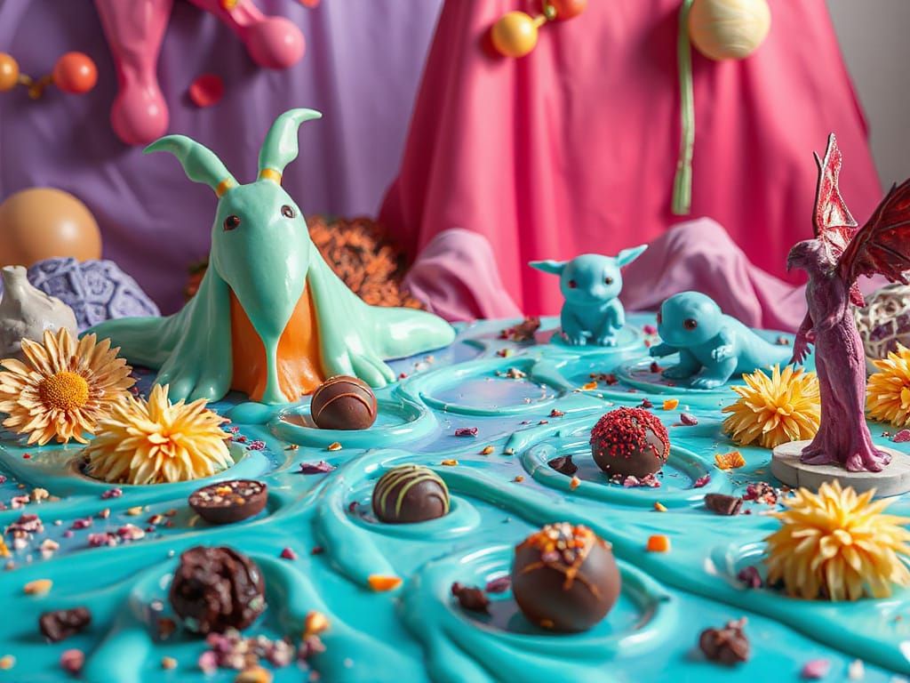Vibrant Chocolate Fantasy Landscape with Melting Sculptures