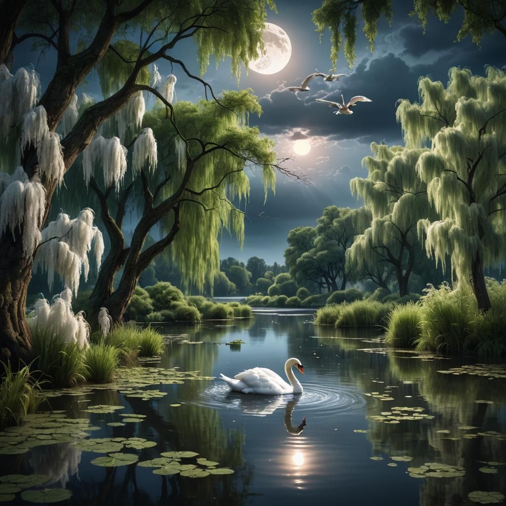 Swan in Moonlight: A Fantastical Pond Painting