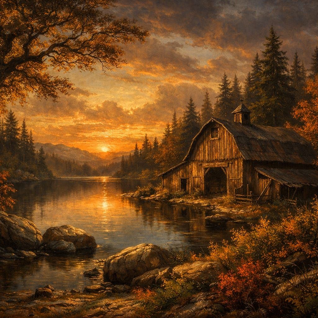 Forgotten Barn at Sunset in Deep Woods
