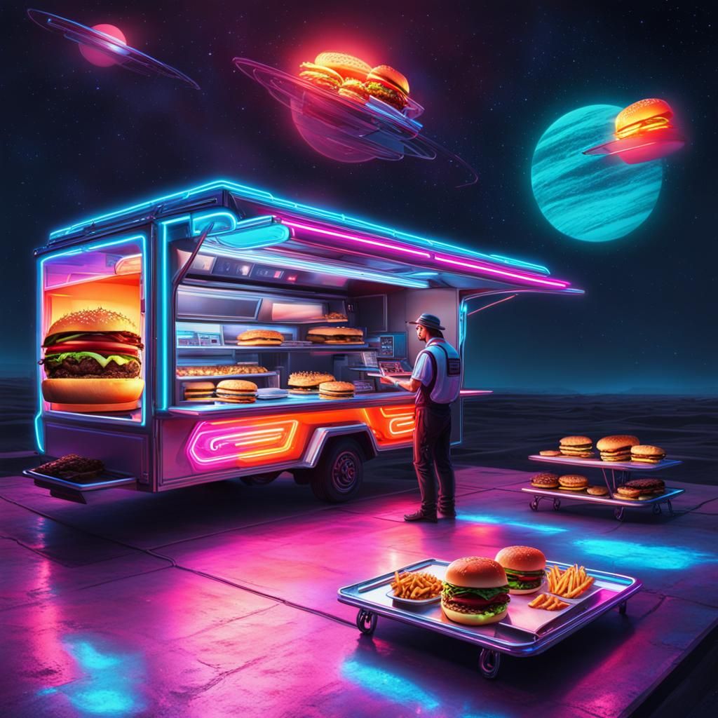 Futuristic Burger Vendor in Synthwave Neon Style