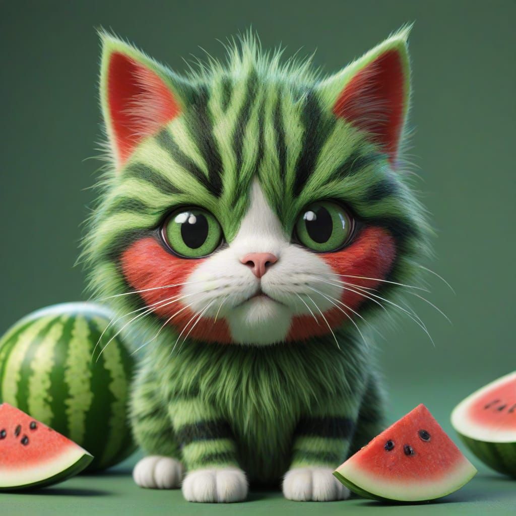 Cute Watermelon Cat in Playful Mixed Media Style