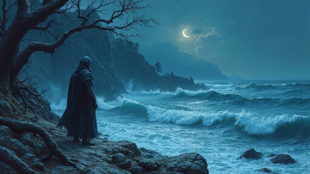 Dark Fantasy Book Cover: Mysterious Coastline with Lone Figu...