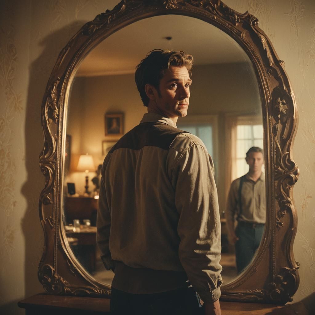 Nostalgic Film Still: Man and Reflection