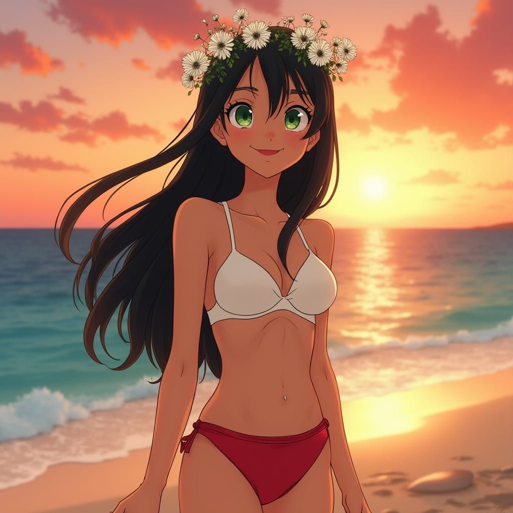 Cheerful Woman on Beach in Disney Animation Style