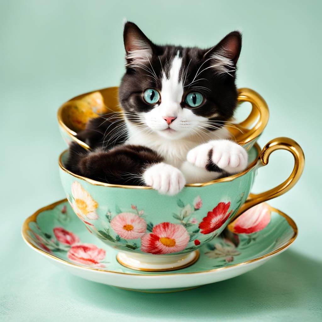 Cat Comfortably Curled Up in a Teacup