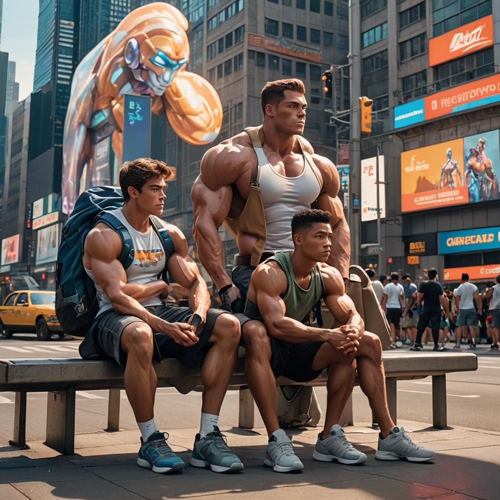 Giant Bodybuilder in Sci-Fi Cityscape, Photorealistic Digita...