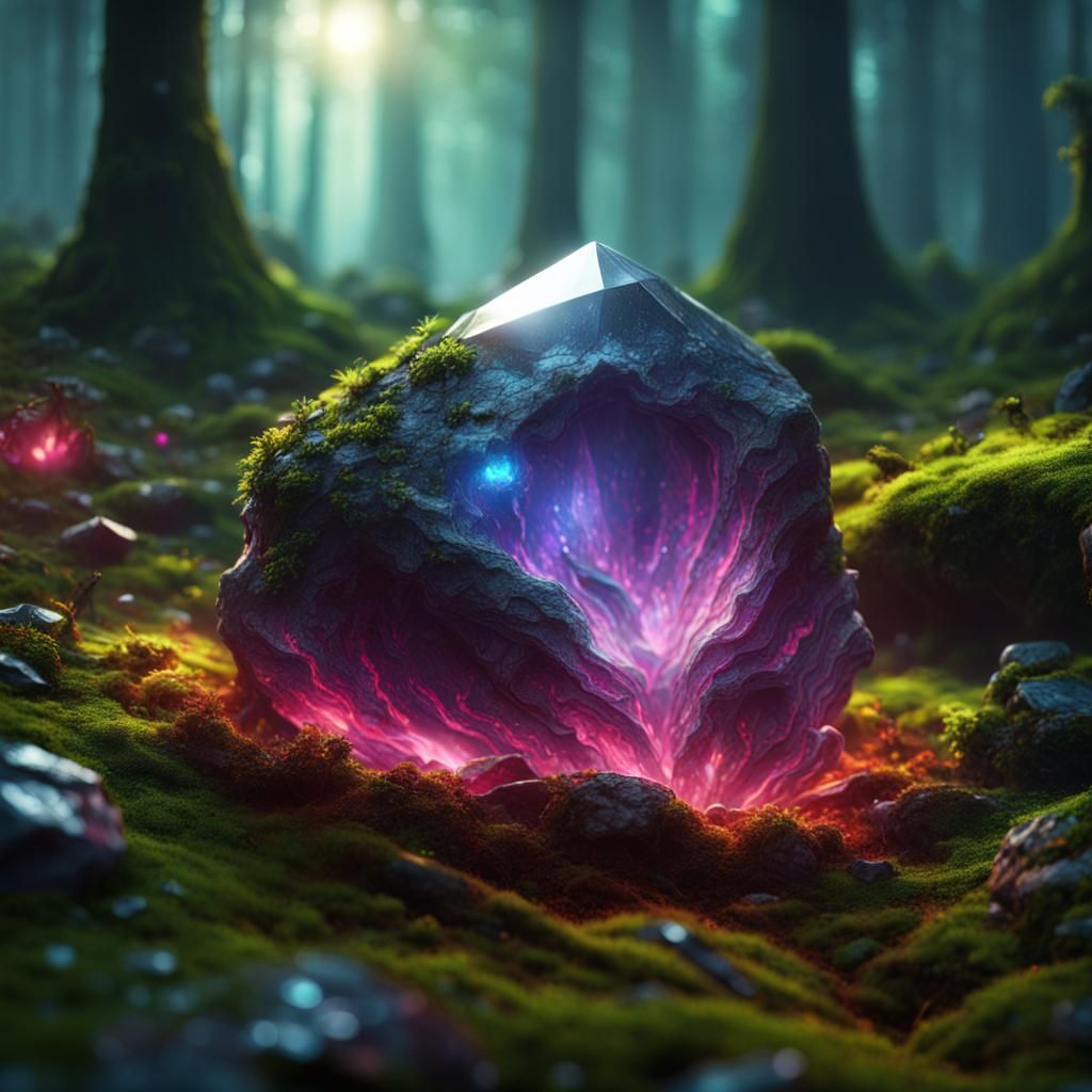 Glowing Gemstone on Mossy Forest Floor in Fantasy Art