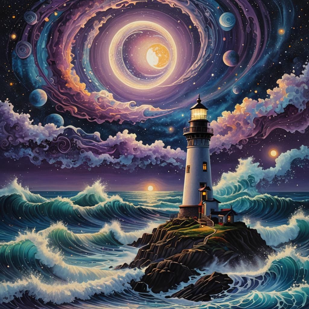 Cosmic Lighthouse Surrounded by Pointillist Ocean Waves