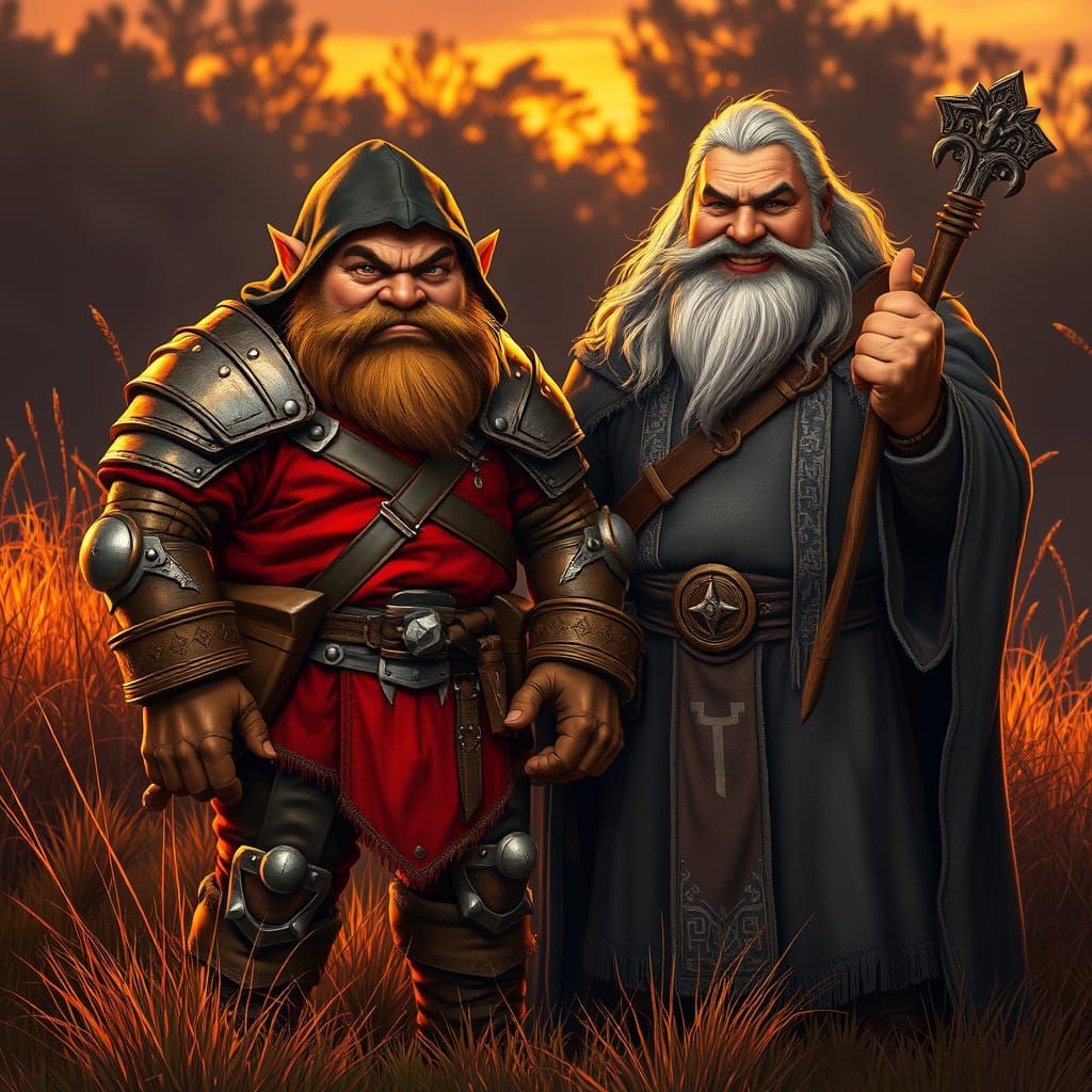 Dwarf and Man in Field at Sunset, Fantasy Art