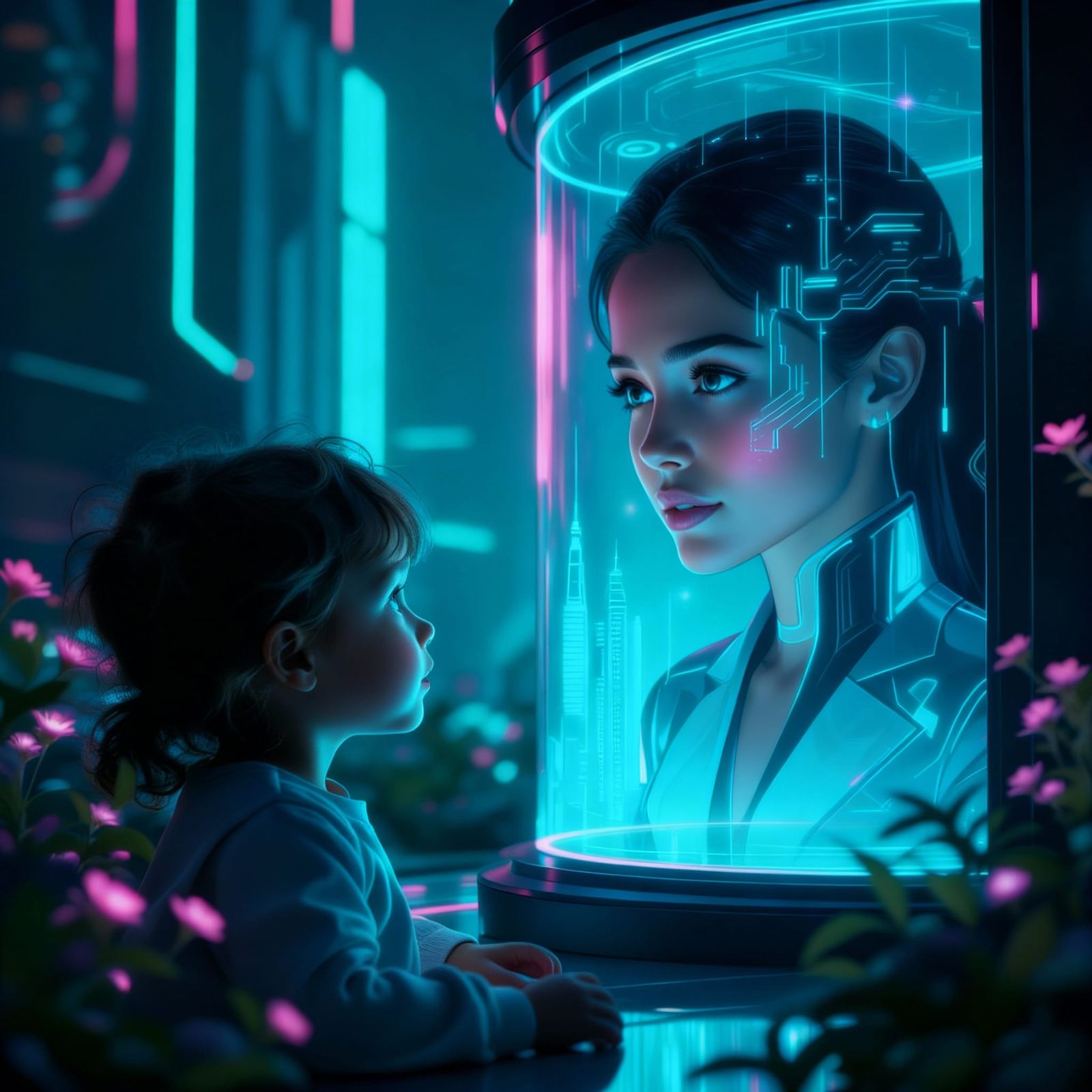 Child Sees Future Self in Futuristic City Hologram