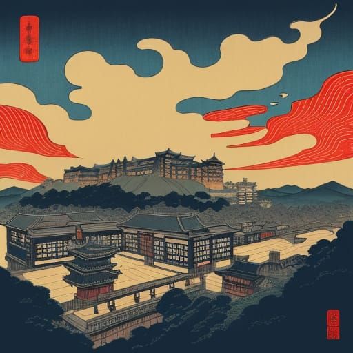 Ukiyo-e style city of Edinburgh Scotland