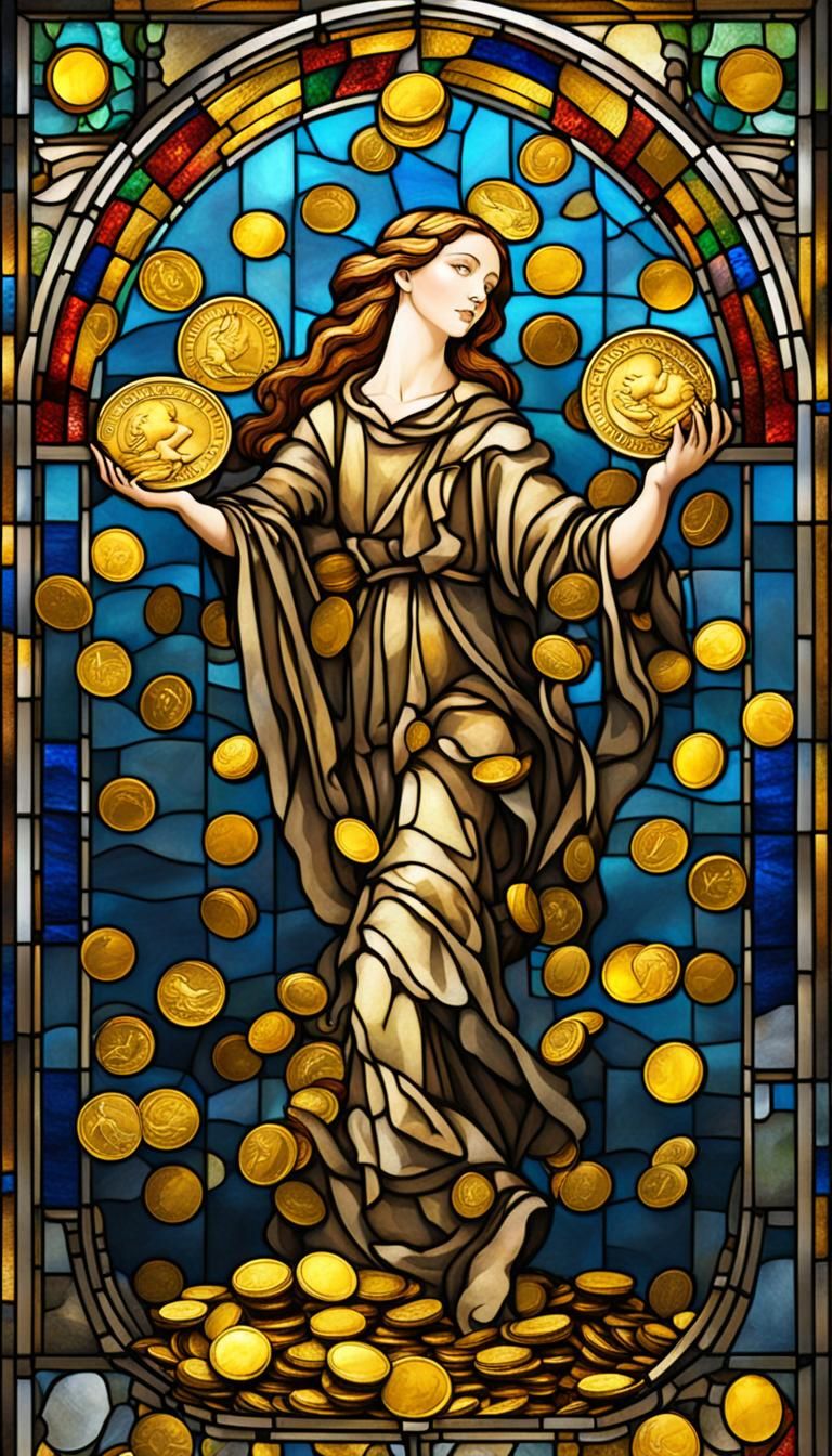 Stained Glass Woman Juggling Gold Coins