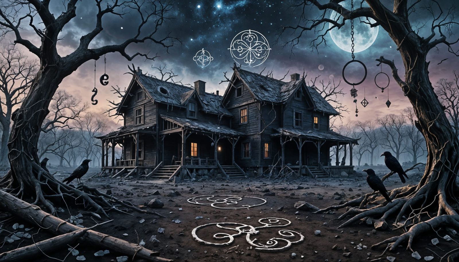 Eerie Forest Night Scene with Talisman