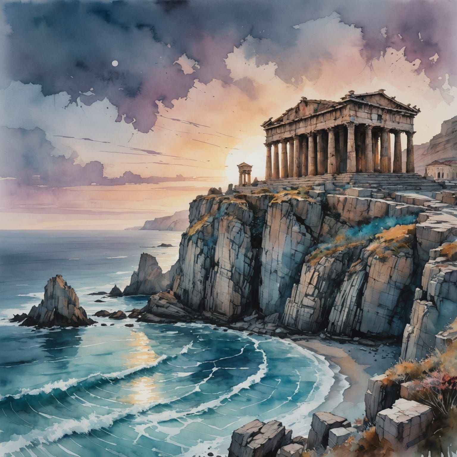 Fairytale Greek Temples on Rugged Cliffs at Twilight