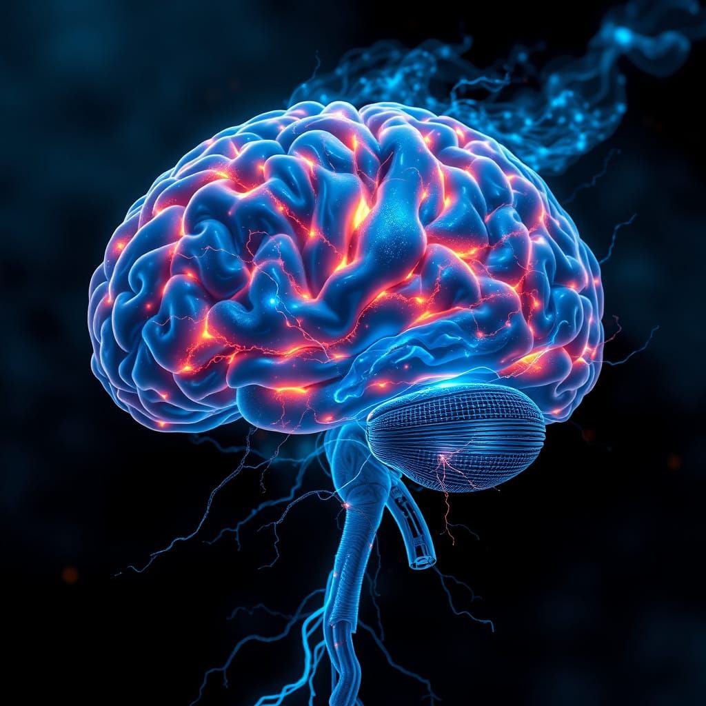 Majestic Brain with Swirling Neurons in Vibrant Cyberpunk St...