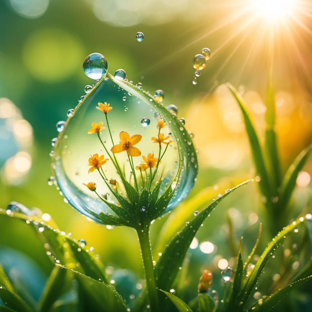 Dewdrop at Sunrise in a Lush Springtime Garden
