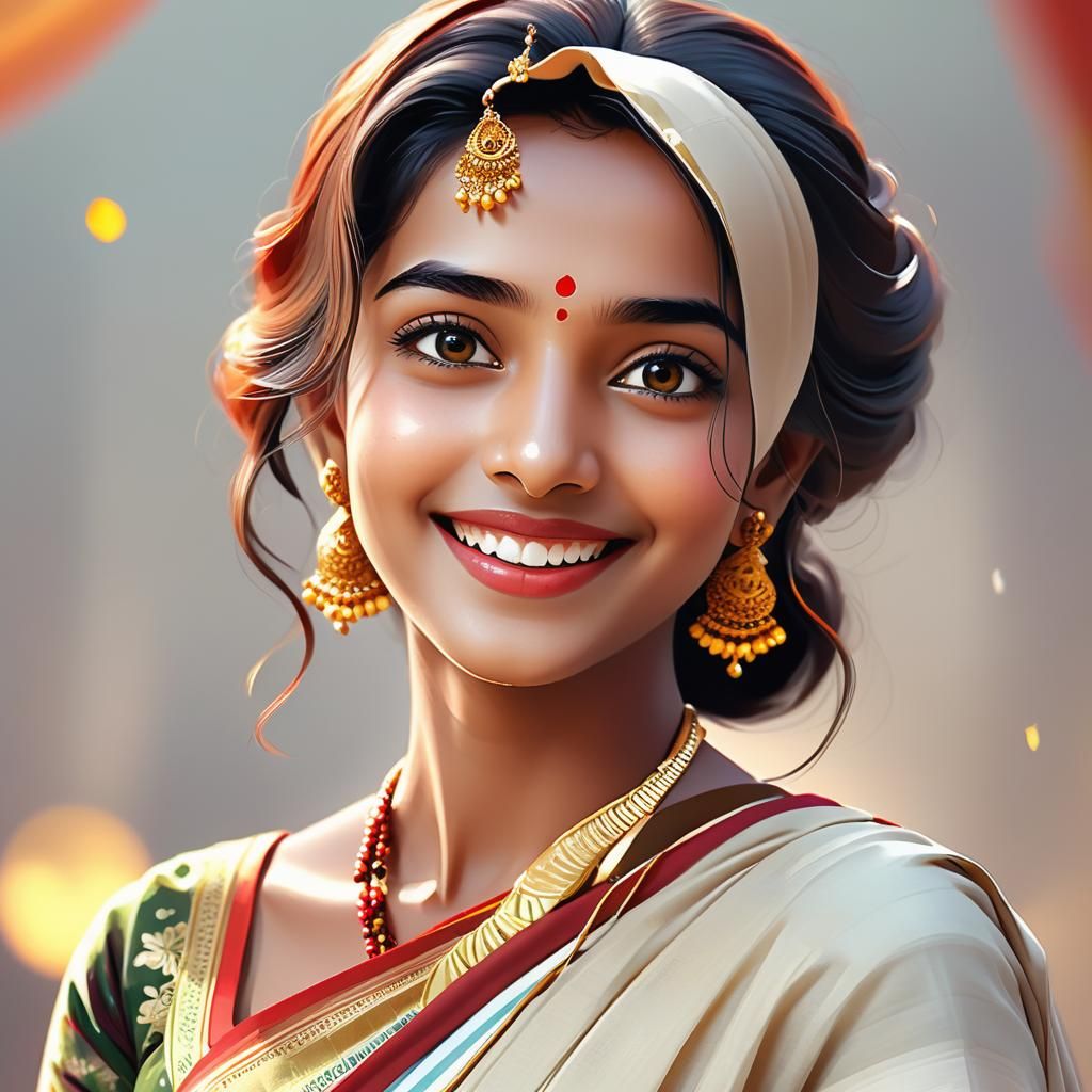 Joyful Indian Woman in Traditional Saree, Anime Style
