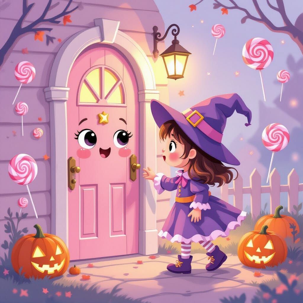 Cute Witchling Greets Whimsical Candy Door