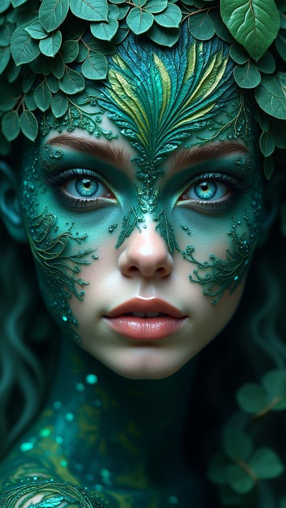 Ethereal Face Emerges from Jungle Vines in Iridescent Patter...