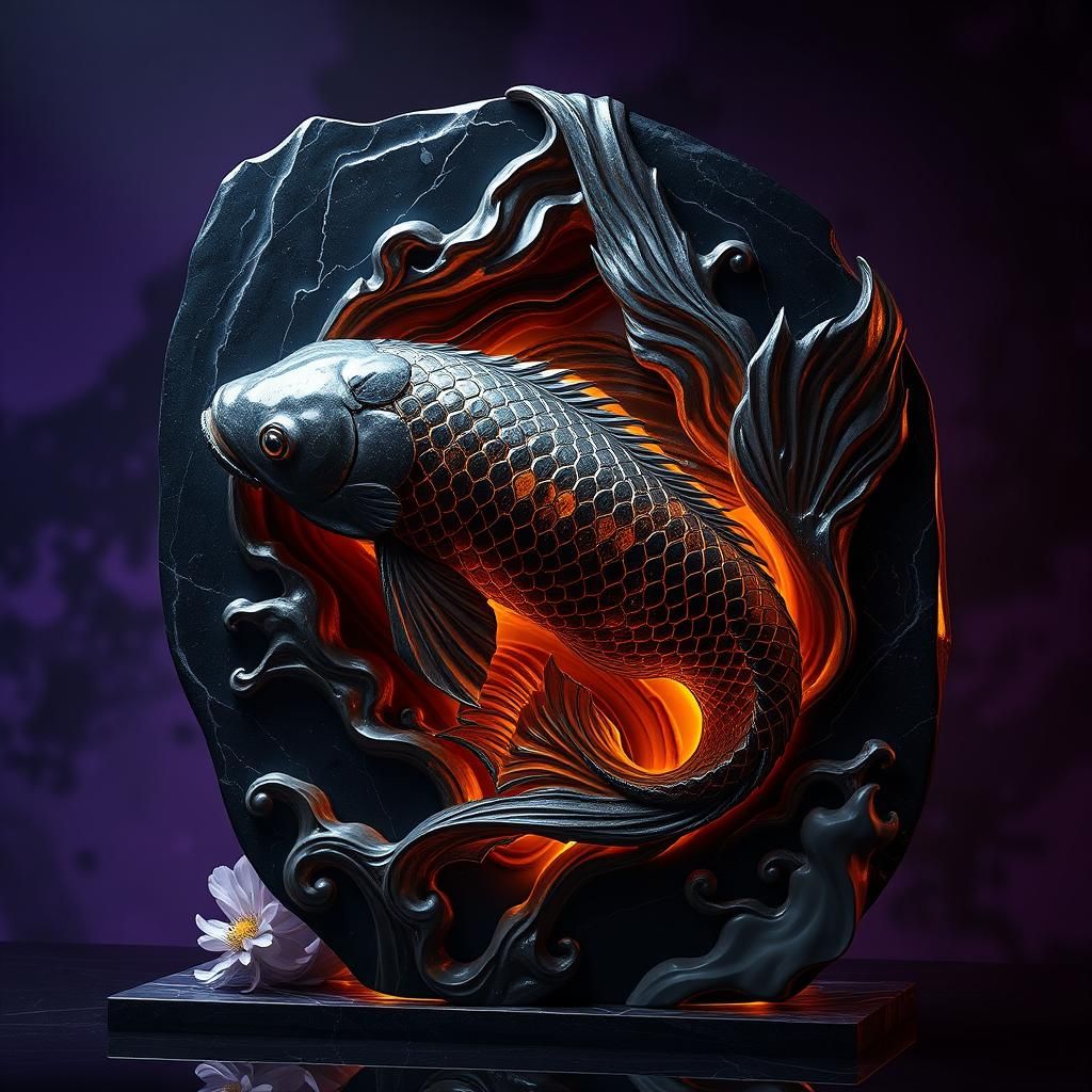 Black Marble Koi Sculpture in Art Nouveau Style