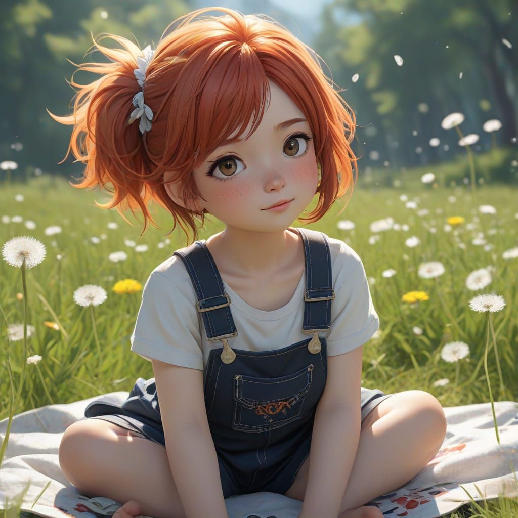 Red Haired Toddler in Meadow, 3D Anime Art