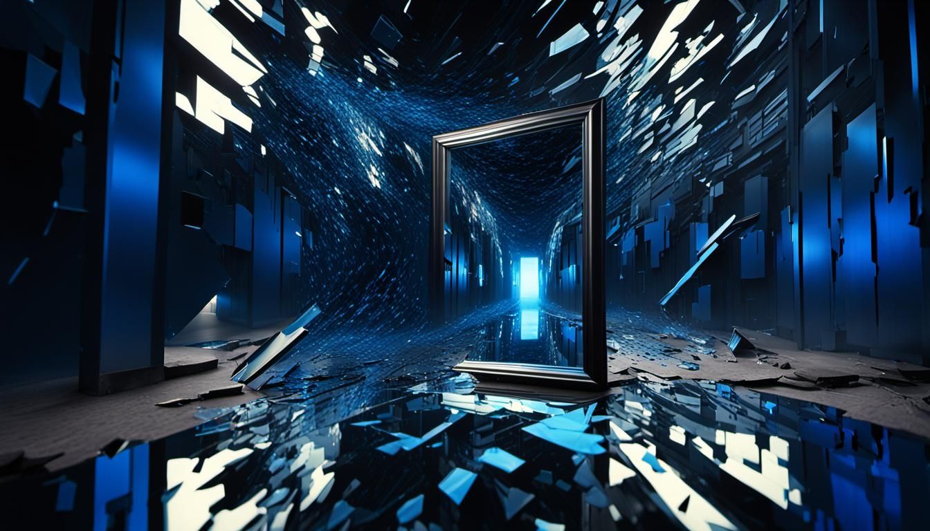 Surreal Broken Mirror in Dark Sci-Fi Corridor