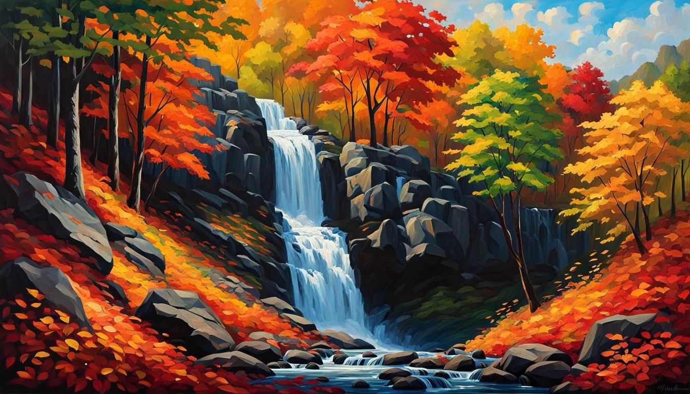 Colorful Canopy View of Rocky Waterfall: Impasto Painting